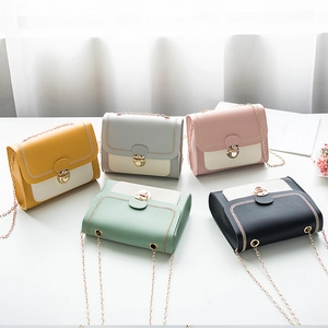 Women Color Block Crossbody Bag PU Leather Small Square Shoulder Bag With Metal Chain Lock Closure Stitching Detail Messenger Bag