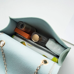 Mint green chain bag with organized interior space for phone and small cosmetics