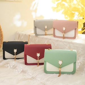 Women Crossbody Bag PU Leather Cat Ear Decoration Tassel Chain Shoulder Small Square Handbag Sweet Girl
