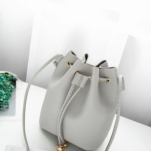 Light gray bucket bag with litchi texture and gold hardware details in a minimalist style