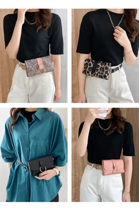 Detail shots of mini belt bags in zebra, leopard, black and pink with gold rings