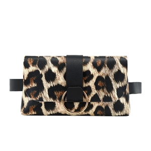 Women's leopard print waist bag with gold circular buckle and black leather belt