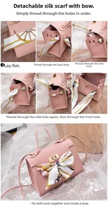 Detail showing step-by-step assembly of a silk scarf bow on a pink pebbled leather bag