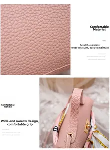Detail of pink lychee leather texture and handle with elegant floral scarf accent