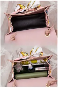Internal view of pink lychee pattern bag showing large capacity for phone and cosmetics