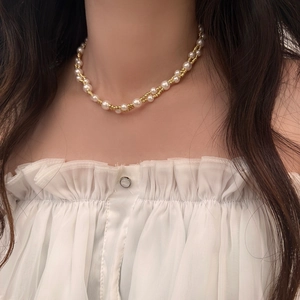 Double Layer Faux Artificial Pearl Necklace Copper Plated Twisted Rope Chain Elegant French Style Clavicle Choker For Women