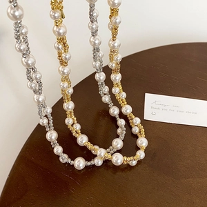 Elegant double-layered pearl necklaces with gold and silver twisted rope chains for women