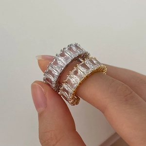 Sparkling square zircon open ring in gold and silver plating with elegant baguette stones