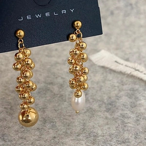 Asymmetric Dangle Earrings Gold Plated Copper Freshwater Pearl Ball Tassel Elegant Fashion Jewelry For Women