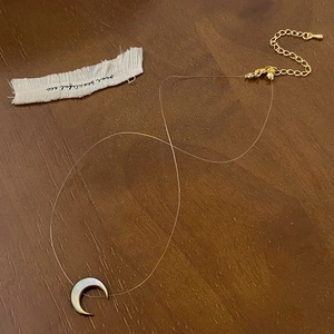 Macro detail of crescent moon shell pendant on a clear fishing line invisible necklace