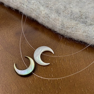 Minimalist natural shell crescent moon pendant necklace with delicate iridescent luster