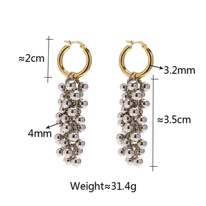 Detailed close-up of two-tone metal long tassel earrings with dimensions and weight info