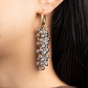 Modern gold hoop earrings with long cascading silver metal ball tassel fringe style