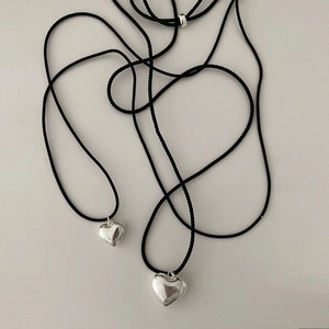 Minimalist polished silver heart pendant necklaces with black adjustable woven cords