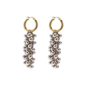Elegant gold hoop earrings with cascading silver bead tassels in a modern metallic design