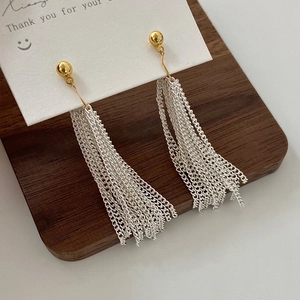 Elegant waterfall tassel earrings with gold sphere studs and silver chain fringe
