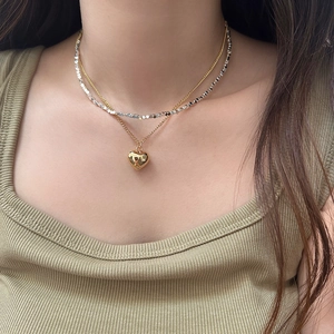 Layered Copper Heart Pendant Necklace Gold Silver Tone Crushed Nugget Beads Clavicle Chain Minimalist Jewelry Women