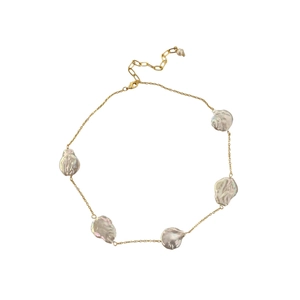 Golden Baroque freshwater pearl necklace with five irregular pearls on white background