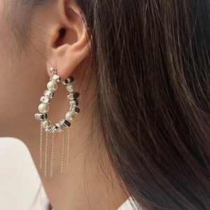 Retro Irregular Metal Bead Hoop Earrings Faux Artificial Pearl Tassel Drop Copper Jewelry Elegant Style For Women