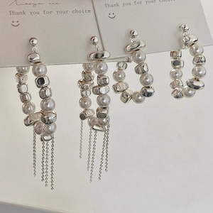 Vintage pearl tassel earrings and hoop studs set with irregular silver metal pieces