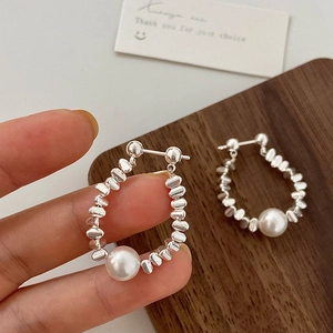 Elegant silver teardrop earrings with silver beads and large white pearls for women