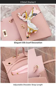 Pink lychee grain bag detail showing silk scarf decor and adjustable knotted strap