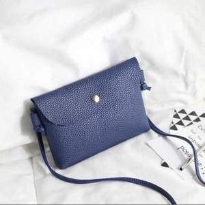 Minimalist navy blue lychee pattern PU leather crossbody bag with golden snap button