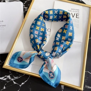 Women Vintage Satin Square Scarf Elegant Crane Floral Monogram Print Head Scarf Neckerchief Hair Band Daily Accessories