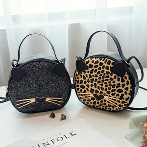Cute leopard and glitter cat-shaped crossbody bags with 3D ears and heart-shaped nose
