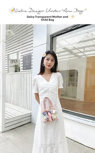 Detail of daisy print transparent PVC bag with woven inner pouch and pink scarf handle