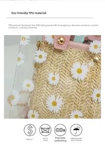 Detail of straw woven bag with floral TPU layer, waterproof pink leather trim and studs