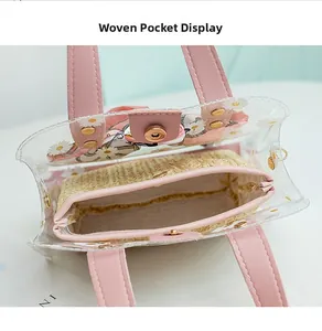 Close-up of pink crossbody bag set with daisy PVC outer and woven inner pouch