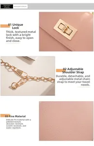 Detail of pink lychee grain PU leather with gold rotating clasp and metal chain strap
