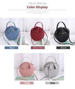 Detailed collage of circular handbags in blue, red, black, pink, and grey lychee leather