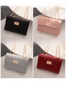 Collage of four chain crossbody bags in black, pink, gray and red with metallic clasps