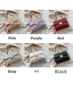 Color variety of quilted chain handbags featuring gold-tone diamond locks and PU leather texture