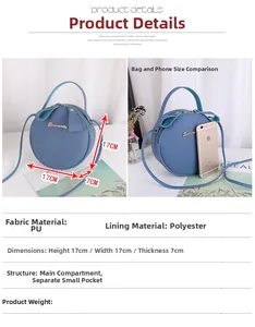 Detailed size specifications for blue round PU crossbody bag with 17cm dimensions