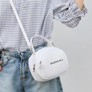 White faux leather crossbody bag with letter print and dual zippers for women