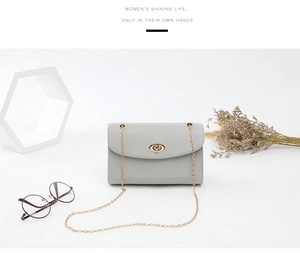 Détail d'un sac bandoulière gris clair avec chaîne dorée et fermoir rotatif circulaire