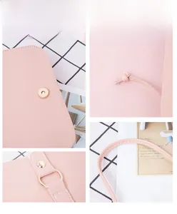 Detailed views of light pink PU leather bag with magnetic snap and gold hardware