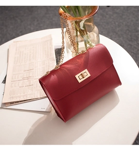 Detail of red faux leather handbag with lychee texture and golden chain strap