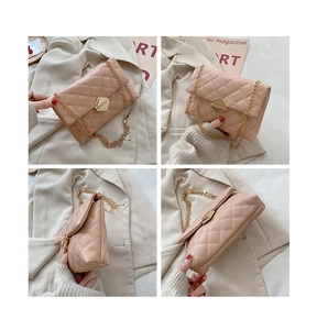Detailed four-angle view of pink quilted crossbody bag with gold chain strap
