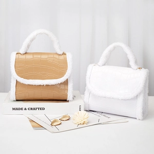Mini faux fur trimmed crocodile pattern handbag in khaki and white winter styles