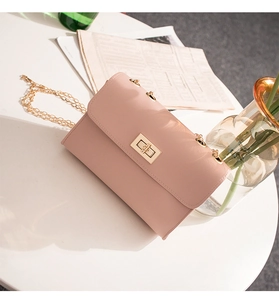 Detail of light pink leather bag with golden metal chain strap and twist lock closure
