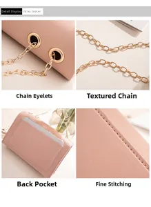 Detail view of pink crossbody bag featuring chain strap, back pocket and fine stitching