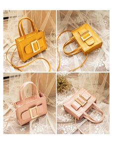 Detail of elegant crocodile-patterned small square handbags with gold buckle decor