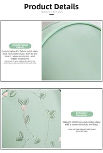 Dettaglio della borsa in pelle PU verde chiaro con trama litchi e ricamo floreale