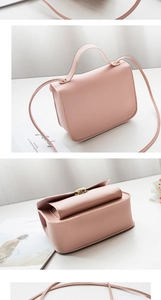 Three-angle views of pink crossbody bag with golden twist lock and PU leather texture