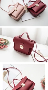Detail of lock closure and PU leather texture on elegant mini square handbags