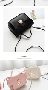 Three elegant leather mini crossbody bags in black, pink, and white with gold hardware